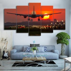 Sunset Plane 3 - Aircraft 5 Panel Canvas Art Wall Decor
