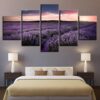 Sunset Purple Lavender Field Flowers - Nature 5 Panel Canvas Art Wall Decor