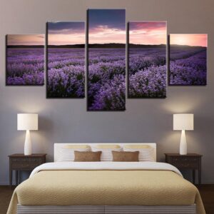 Sunset Purple Lavender Field Flowers - Nature 5 Panel Canvas Art Wall Decor