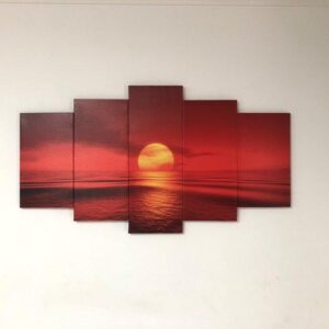 Sunset Red Sun Sea Natural Landscape 1 - Nature 5 Panel Canvas Art Wall Decor