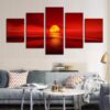 Sunset Red Sun Sea Ocean Natural - Nature 5 Panel Canvas Art Wall Decor
