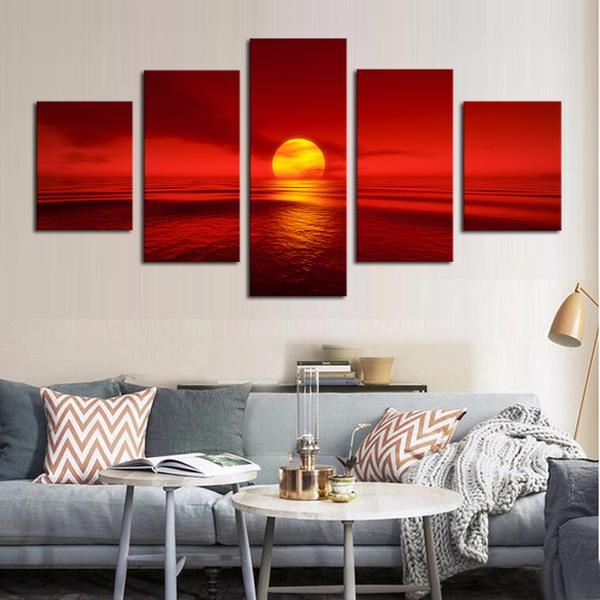 Sunset Red Sun Sea Ocean Natural - Nature 5 Panel Canvas Art Wall Decor Sunset Red Sun Sea Ocean Natural - Nature 5 Panel Canvas Art Wall Decor