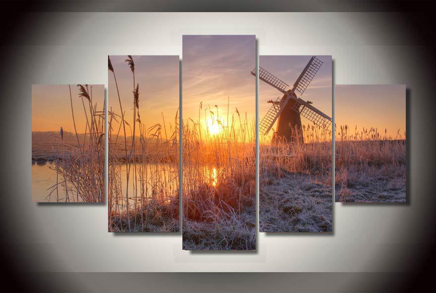 Sunset Reeds Windmill - Nature 5 Panel Canvas Art Wall Decor Sunset Reeds Windmill - Nature 5 Panel Canvas Art Wall Decor