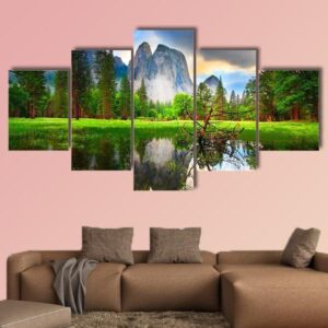 Sunset Reflections At Yosemite’S Cathedral Rocks 1 - Nature 5 Panel Canvas Art Wall Decor