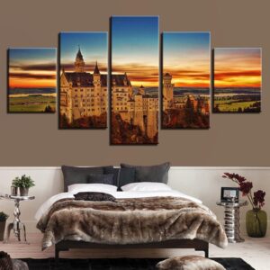 Sunset Retro Castle - Nature 5 Panel Canvas Art Wall Decor