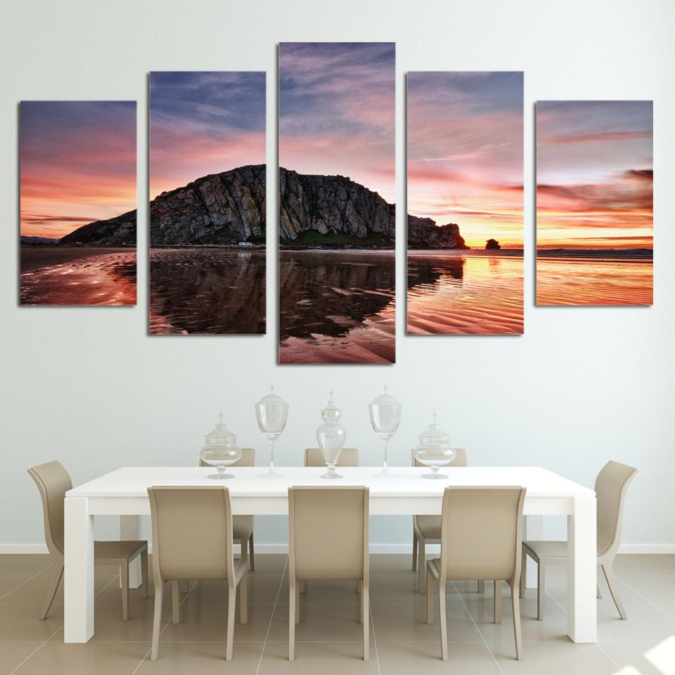 Sunset Rock Bay - Nature 5 Panel Canvas Art Wall Decor Sunset Rock Bay - Nature 5 Panel Canvas Art Wall Decor