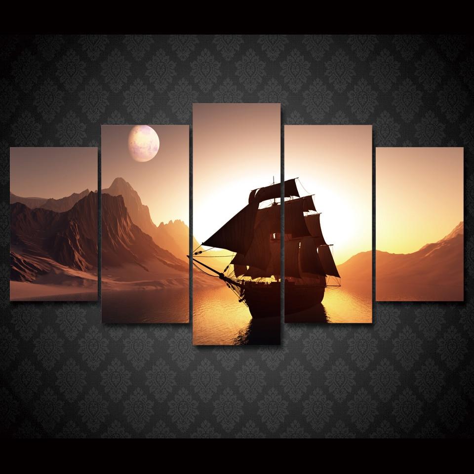 Sunset Sailing Ship In The Sea - Nature 5 Panel Canvas Art Wall Decor Sunset Sailing Ship In The Sea - Nature 5 Panel Canvas Art Wall Decor