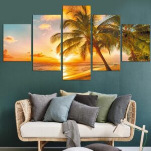 Sunset Seascape Beach Coconut Tree - Nature 5 Panel Canvas Art Wall Decor