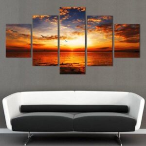 Sunset Seaview Orange Clouds - Nature 5 Panel Canvas Art Wall Decor