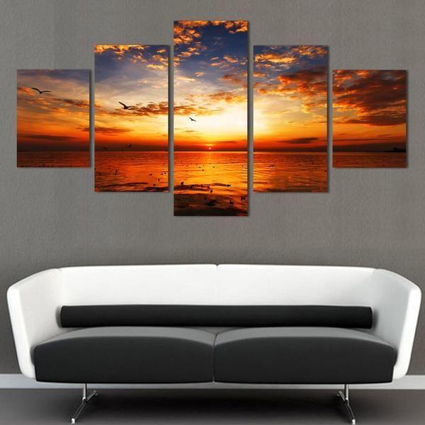 Sunset Seaview Orange Clouds - Nature 5 Panel Canvas Art Wall Decor Sunset Seaview Orange Clouds - Nature 5 Panel Canvas Art Wall Decor