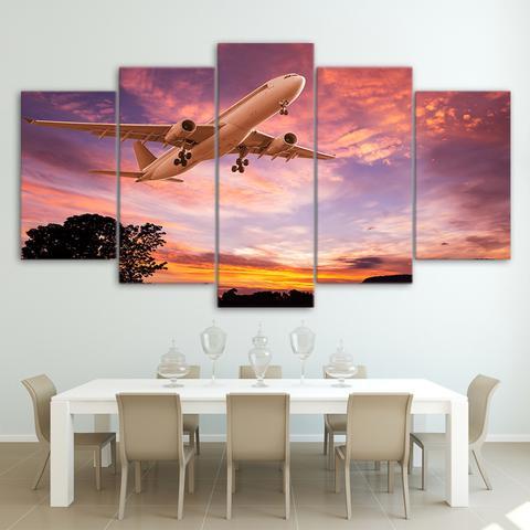 Sunset Sky And Airplane - Airplane 5 Panel Canvas Art Wall Decor Sunset Sky And Airplane - Airplane 5 Panel Canvas Art Wall Decor