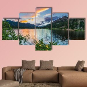 Sunset Sky Over Lily Lake - Nature 5 Panel Canvas Art Wall Decor