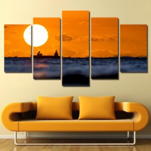 Sunset Sun Seascape - Nature 5 Panel Canvas Art Wall Decor
