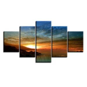 Sunset & Sunrise At Waterfall - Nature 5 Panel Canvas Art Wall Decor