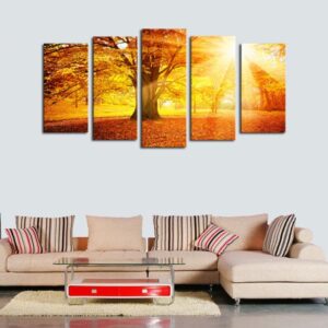 Sunset Sunrise In The Forest - Nature 5 Panel Canvas Art Wall Decor