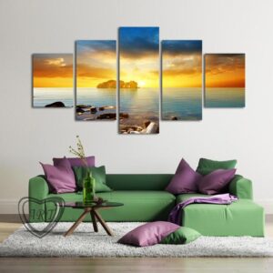 Sunset Sunrise On Deserted Tropical Island - Nature 5 Panel Canvas Art Wall Decor