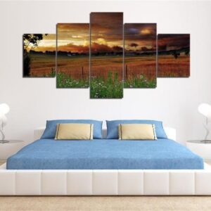 Sunset Sunrise On Farm - Nature 5 Panel Canvas Art Wall Decor