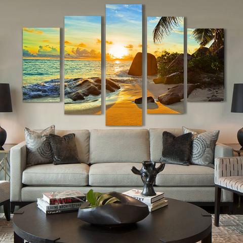Sunset & Sunrise On Tropical Beach - Nature 5 Panel Canvas Art Wall Decor Sunset & Sunrise On Tropical Beach - Nature 5 Panel Canvas Art Wall Decor