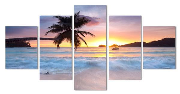 Sunset Sunrise With Tropical Palm Tree - Nature 5 Panel Canvas Art Wall Decor Sunset Sunrise With Tropical Palm Tree - Nature 5 Panel Canvas Art Wall Decor