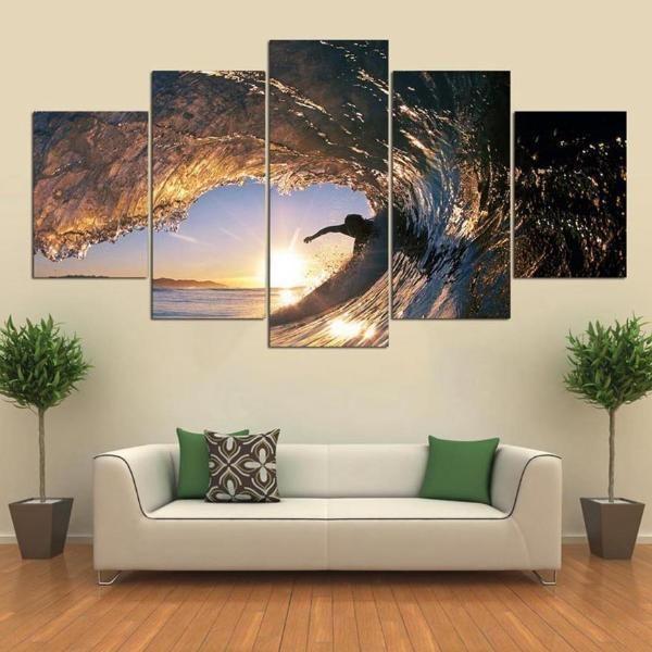 Sunset Surfing Amazing Waves - Sport 5 Panel Canvas Art Wall Decor Sunset Surfing Amazing Waves - Sport 5 Panel Canvas Art Wall Decor