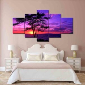 Sunset Tree Purple Sky - Nature 5 Panel Canvas Art Wall Decor