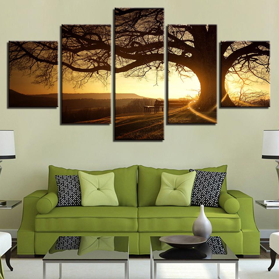 Sunset Tree - Nature 5 Panel Canvas Art Wall Decor Sunset Tree - Nature 5 Panel Canvas Art Wall Decor