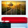 Sunset Trees Grass - Nature 5 Panel Canvas Art Wall Decor