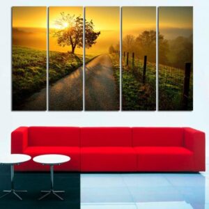 Sunset Trees Grass - Nature 5 Panel Canvas Art Wall Decor