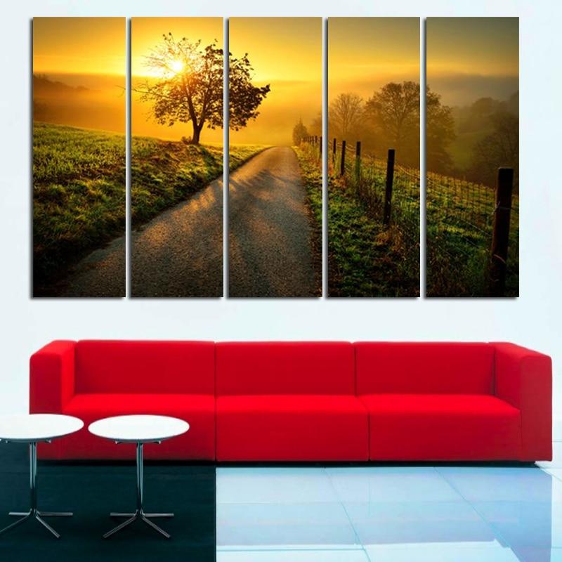 Sunset Trees Grass - Nature 5 Panel Canvas Art Wall Decor Sunset Trees Grass - Nature 5 Panel Canvas Art Wall Decor