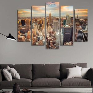 Sunset View At Manhattan - Nature 5 Panel Canvas Art Wall Decor