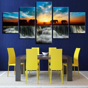 Sunset Waterfall Elephant 1 - Animal 5 Panel Canvas Art Wall Decor