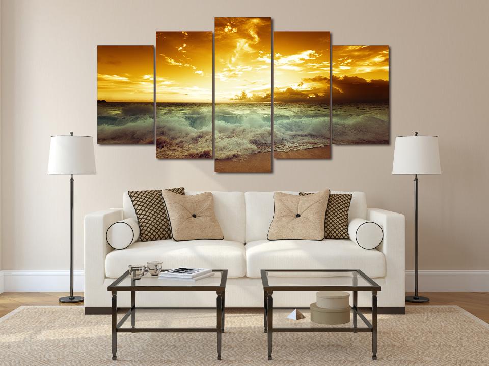 Sunset Waves - Nature 5 Panel Canvas Art Wall Decor Sunset Waves - Nature 5 Panel Canvas Art Wall Decor