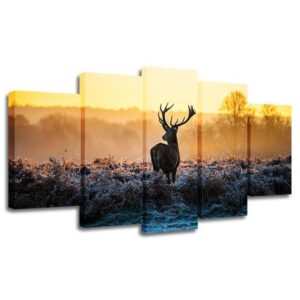Sunset White-Tailed Deer - Animal 5 Panel Canvas Art Wall Decor