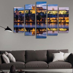 Sunset With Reflection On Vltava River - Nature 5 Panel Canvas Art Wall Decor