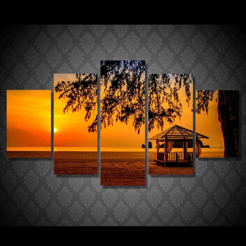 Sunset beach pavilion - Nature 5 Panel Canvas Art Wall Decor Sunset beach pavilion - Nature 5 Panel Canvas Art Wall Decor