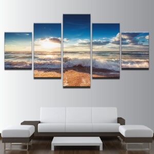 Sunshine Beach Sea Waves Seascape Blue Sky - Nature 5 Panel Canvas Art Wall Decor