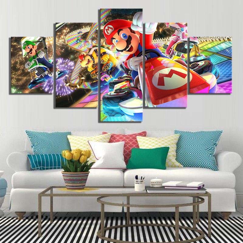Super Mario Driving Car Game - 5 Panel Canvas Art Wall Decor Super Mario Driving Car Game - 5 Panel Canvas Art Wall Decor