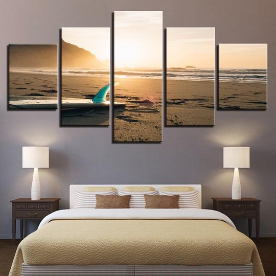 Surfboard On The Beach - Space 5 Panel Canvas Art Wall Decor Surfboard On The Beach - Space 5 Panel Canvas Art Wall Decor
