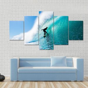 Surfer On Blue Ocean Wave - Sport 5 Panel Canvas Art Wall Decor