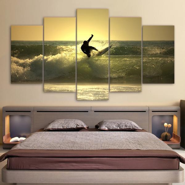 Surfer Surfing On Ocean Wave At Sunset - Sport 5 Panel Canvas Art Wall Decor Surfer Surfing On Ocean Wave At Sunset - Sport 5 Panel Canvas Art Wall Decor