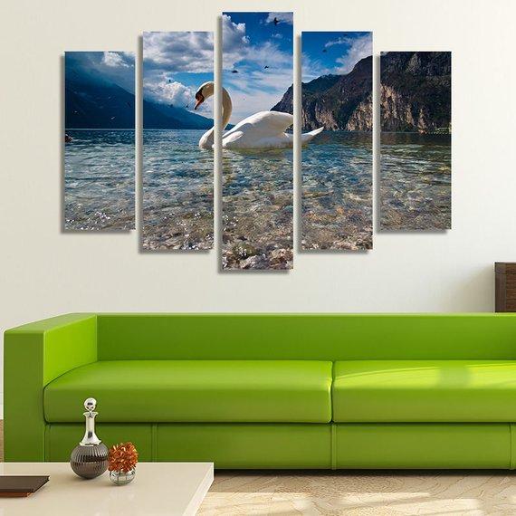 Swan In A Lake 02 - Animal 5 Panel Canvas Art Wall Decor Swan In A Lake 02 - Animal 5 Panel Canvas Art Wall Decor