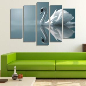 Swan In A Lake Reflection - Animal 5 Panel Canvas Art Wall Decor