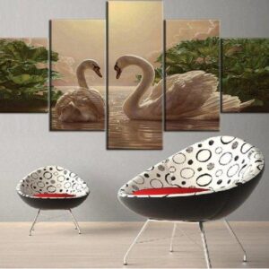 Swans Lake Swan Couple Lovers - Animal 5 Panel Canvas Art Wall Decor
