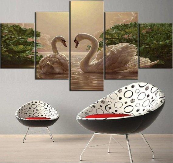 Swans Lake Swan Couple Lovers - Animal 5 Panel Canvas Art Wall Decor Swans Lake Swan Couple Lovers - Animal 5 Panel Canvas Art Wall Decor