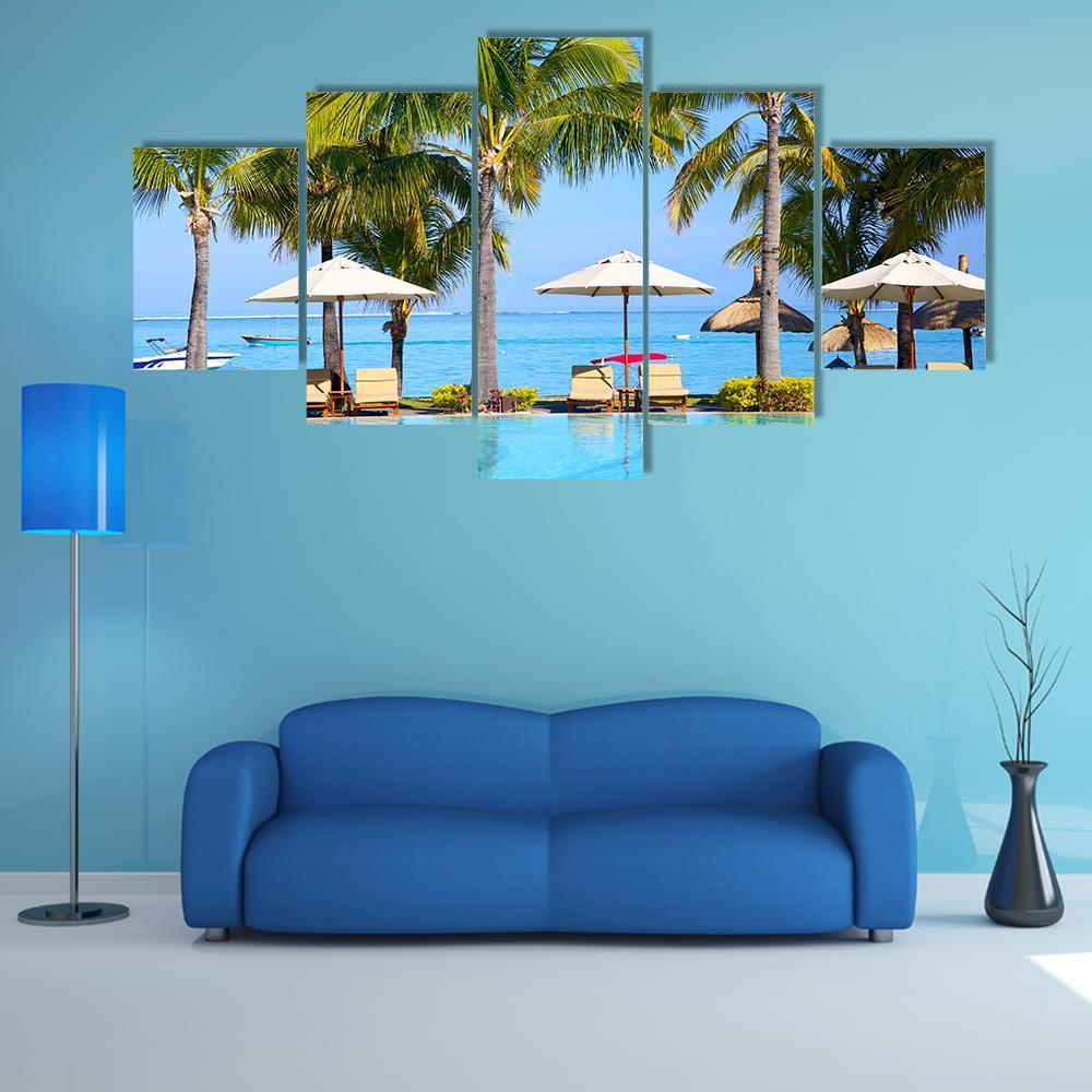 Swimming Pool With Lounge Chairs - Nature 5 Panel Canvas Art Wall Decor Swimming Pool With Lounge Chairs - Nature 5 Panel Canvas Art Wall Decor