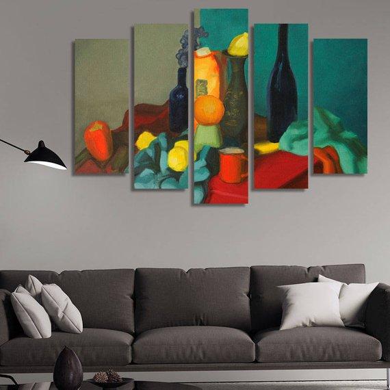 Table Bottles And Fruits - Abstract 5 Panel Canvas Art Wall Decor Table Bottles And Fruits - Abstract 5 Panel Canvas Art Wall Decor