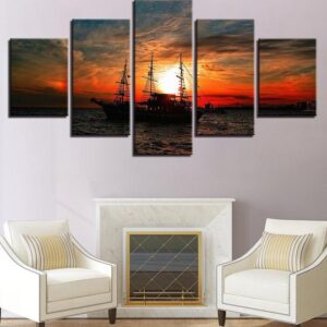 Tall Ship Sailboat At Sunset - Space 5 Panel Canvas Art Wall Decor