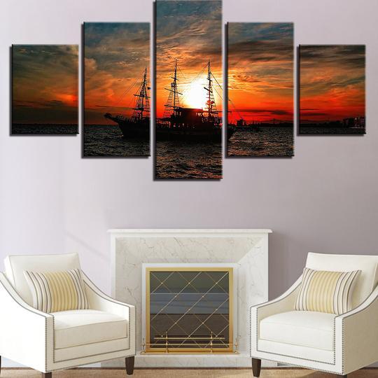 Tall Ship Sailboat At Sunset - Space 5 Panel Canvas Art Wall Decor Tall Ship Sailboat At Sunset - Space 5 Panel Canvas Art Wall Decor