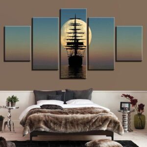 Tall Ship Sailing Into The Full Moon - Space 5 Panel Canvas Art Wall Decor
