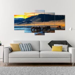 Team Of Horses Grazing & Watering - Animal 5 Panel Canvas Art Wall Decor